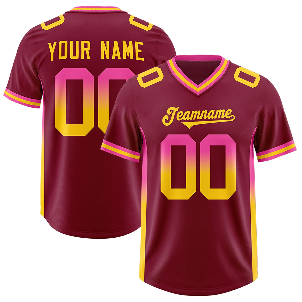 Custom Cardinal Pink and Gold Sides Gradient Fashion Personalized Team American Football Jersey