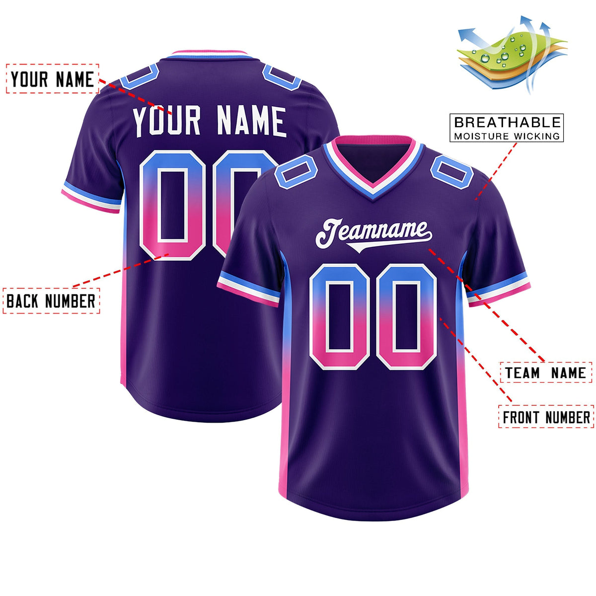 Custom Purple Powder Blue and Pink Sides Gradient Fashion Personalized Team American Football Jersey