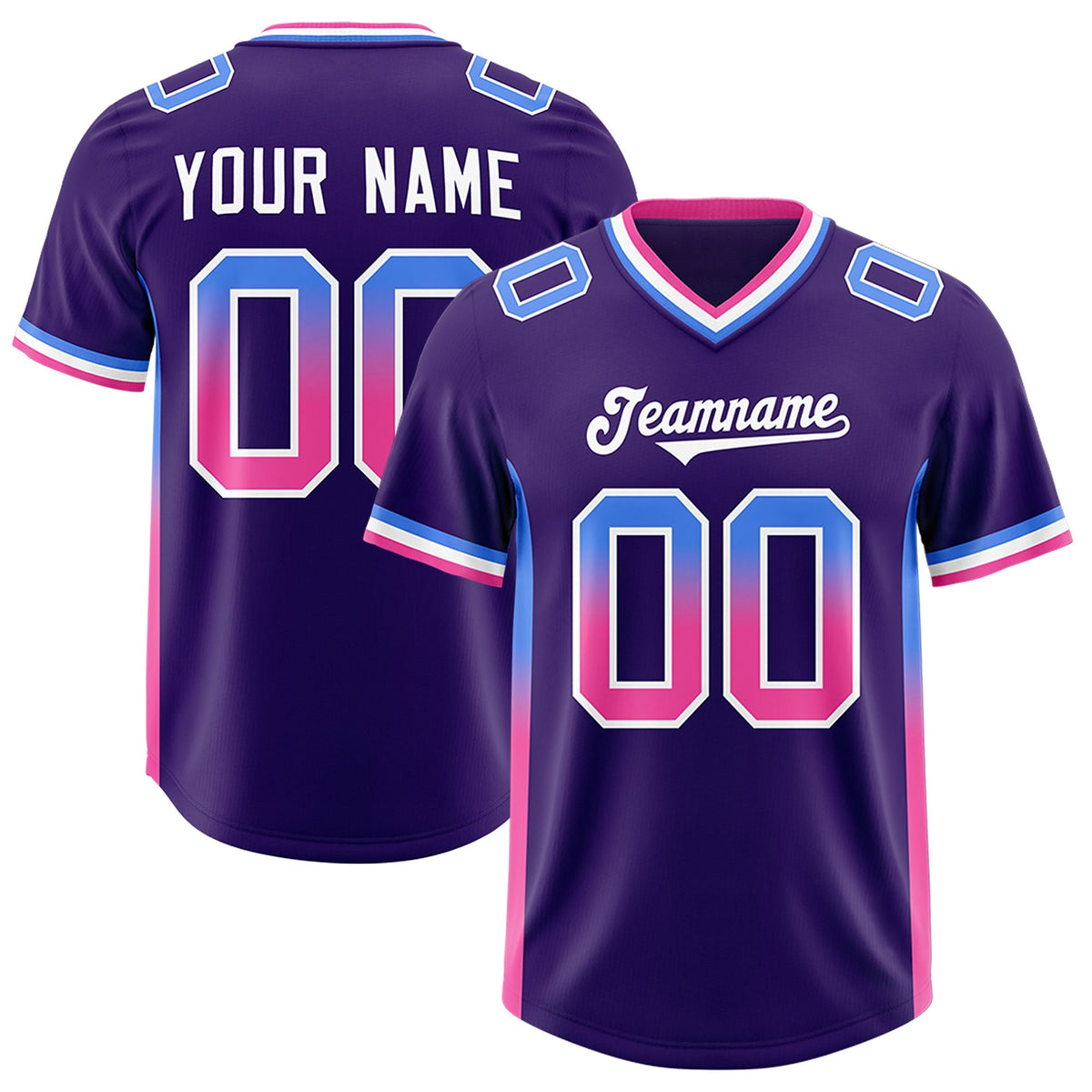 Custom Purple Powder Blue and Pink Sides Gradient Fashion Personalized Team American Football Jersey