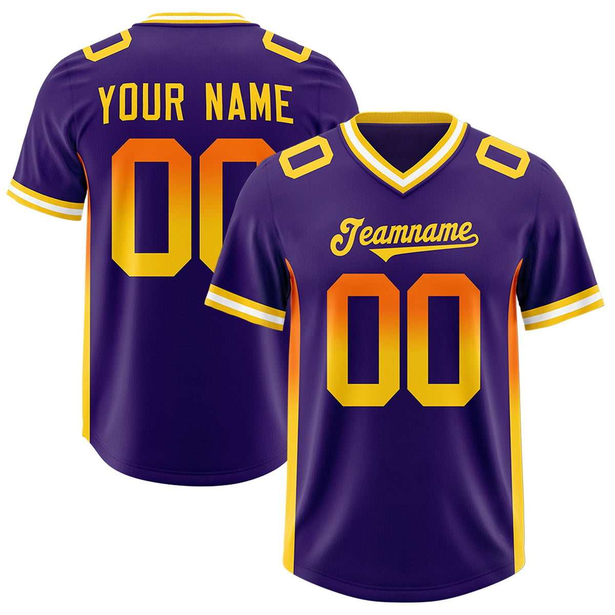 Custom Purple Orange and Gold Sides Gradient Fashion Personalized Team American Football Jersey