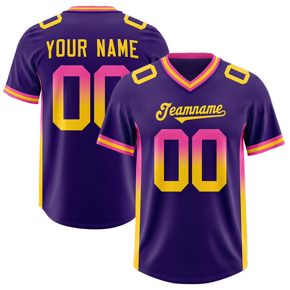 Custom Purple Pink and Gold Sides Gradient Fashion Personalized Team American Football Jersey