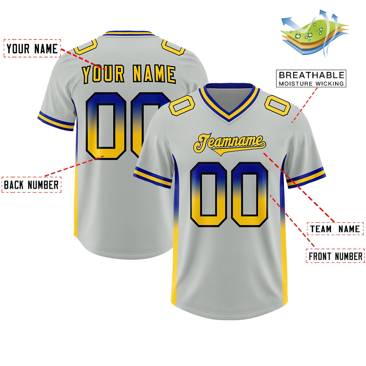 Custom Gray Royal and Gold Sides Gradient Fashion Personalized Team American Football Jersey