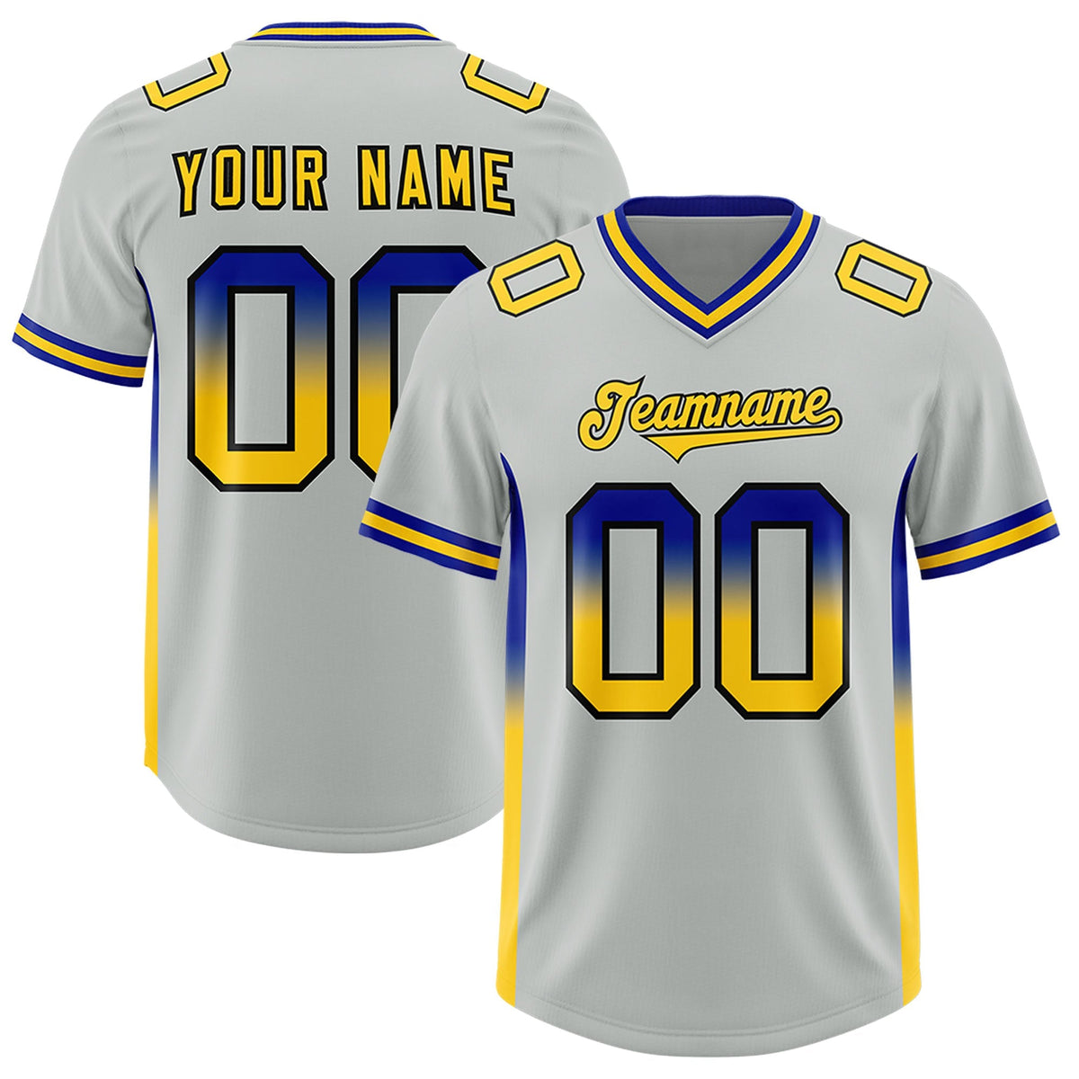 Custom Gray Royal and Gold Sides Gradient Fashion Personalized Team American Football Jersey