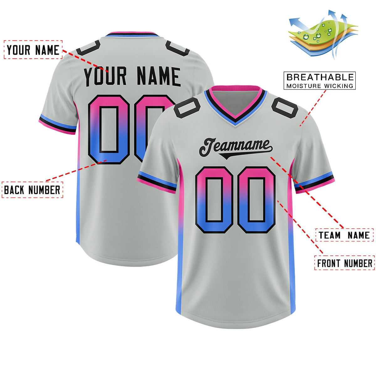 Custom Gray Pink and Powder Blue Sides Gradient Fashion Personalized Team American Football Jersey
