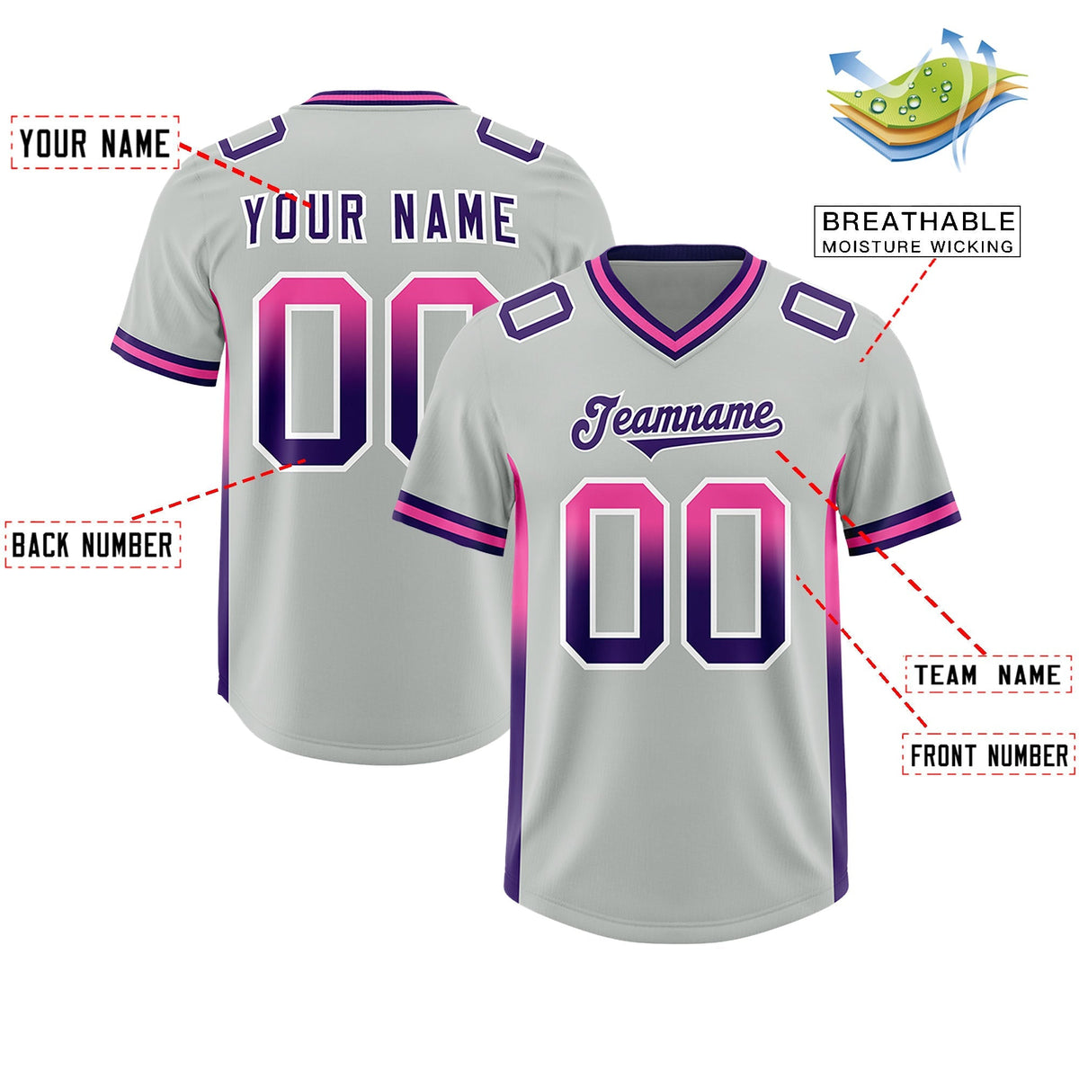 Custom Gray Pink and Purple Sides Gradient Fashion Personalized Team American Football Jersey
