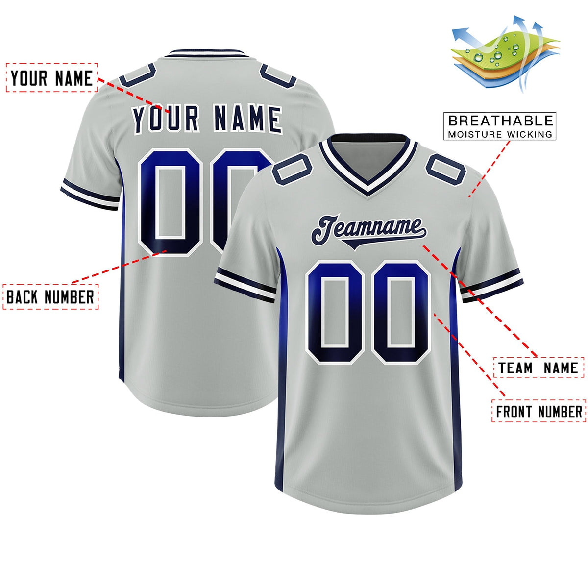 Custom Gray Royal and Navy Sides Gradient Fashion Personalized Team American Football Jersey