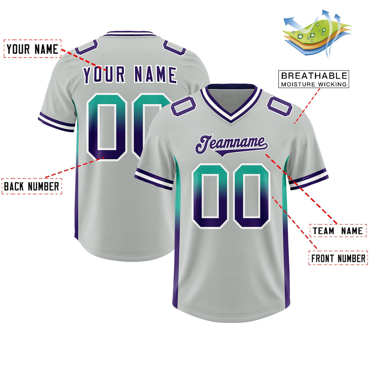 Custom Gray Bright Green and Purple Sides Gradient Fashion Personalized Team American Football Jersey