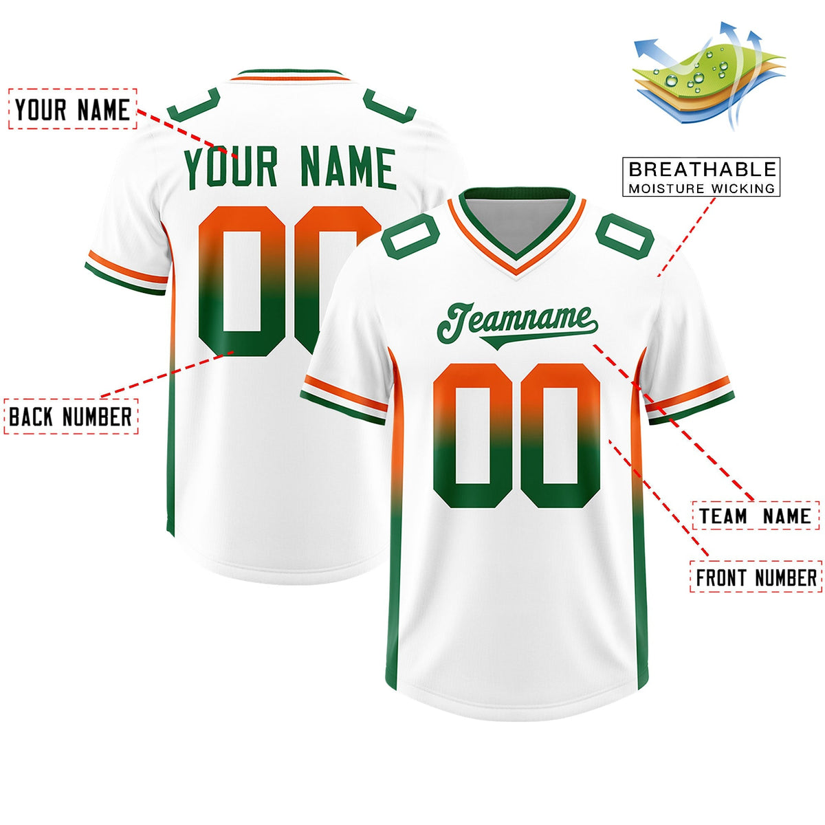 Custom White Orange and Kelly Green Sides Gradient Fashion Personalized Team American Football Jersey