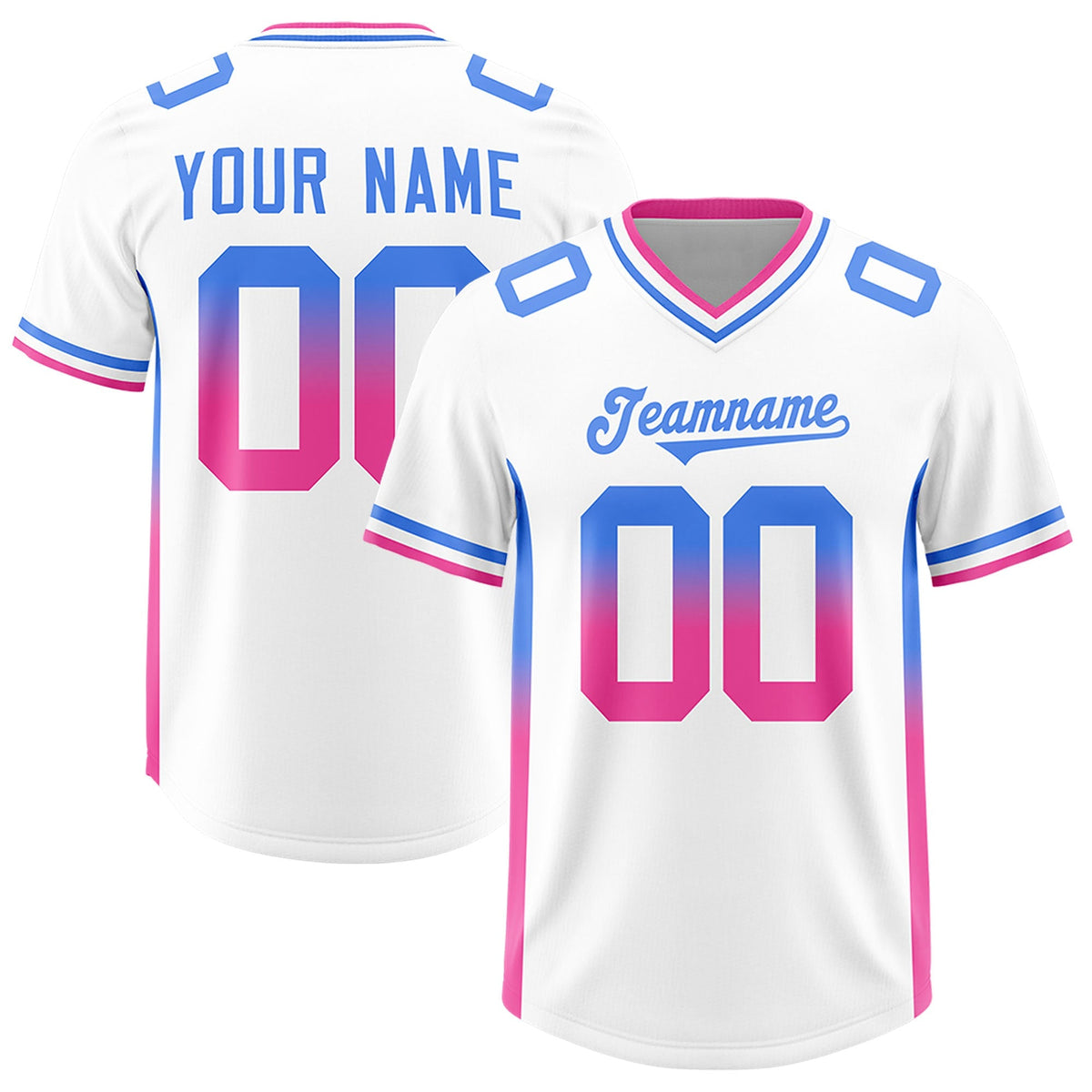 Custom White Powder Blue and Pink Sides Gradient Fashion Personalized Team American Football Jersey