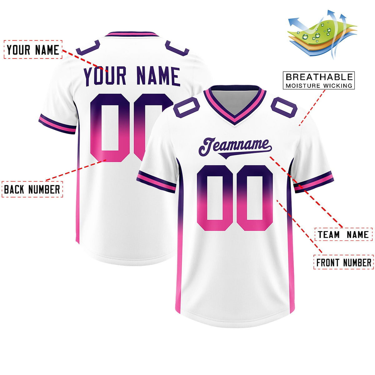 Custom White Purple and Pink Sides Gradient Fashion Personalized Team American Football Jersey