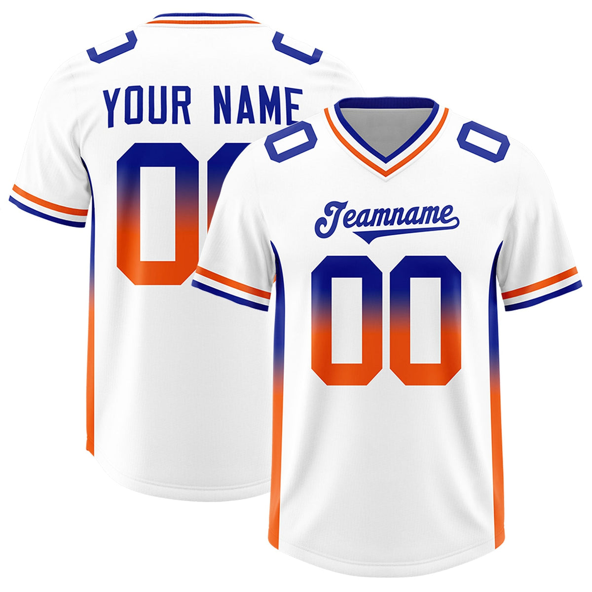 Custom White Royal and Orange Sides Gradient Fashion Personalized Team American Football Jersey