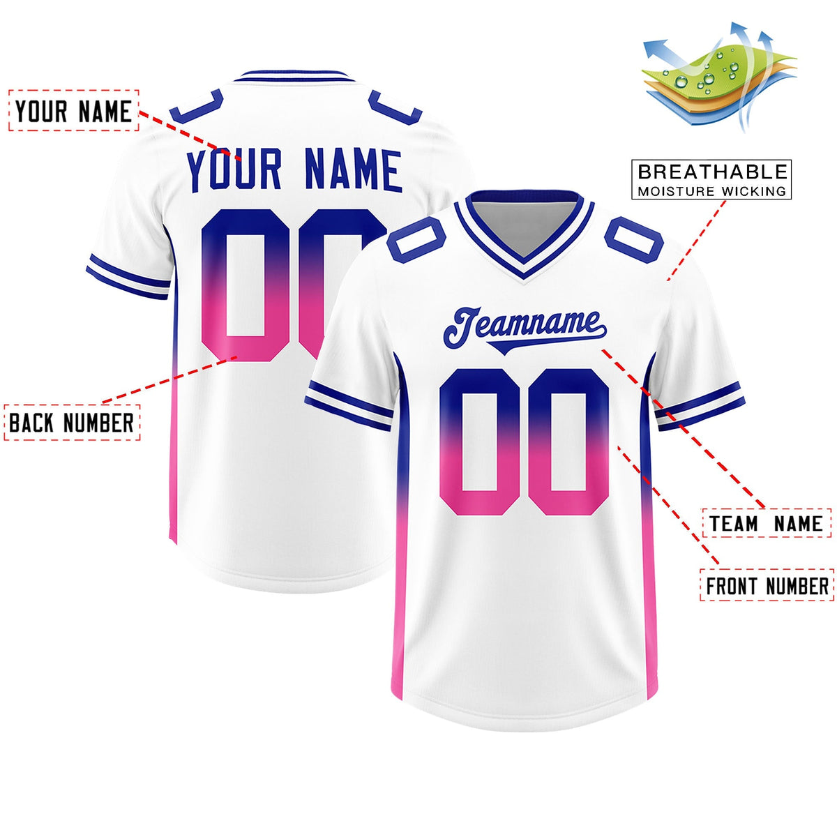Custom White Royal and Pink Sides Gradient Fashion Personalized Team American Football Jersey