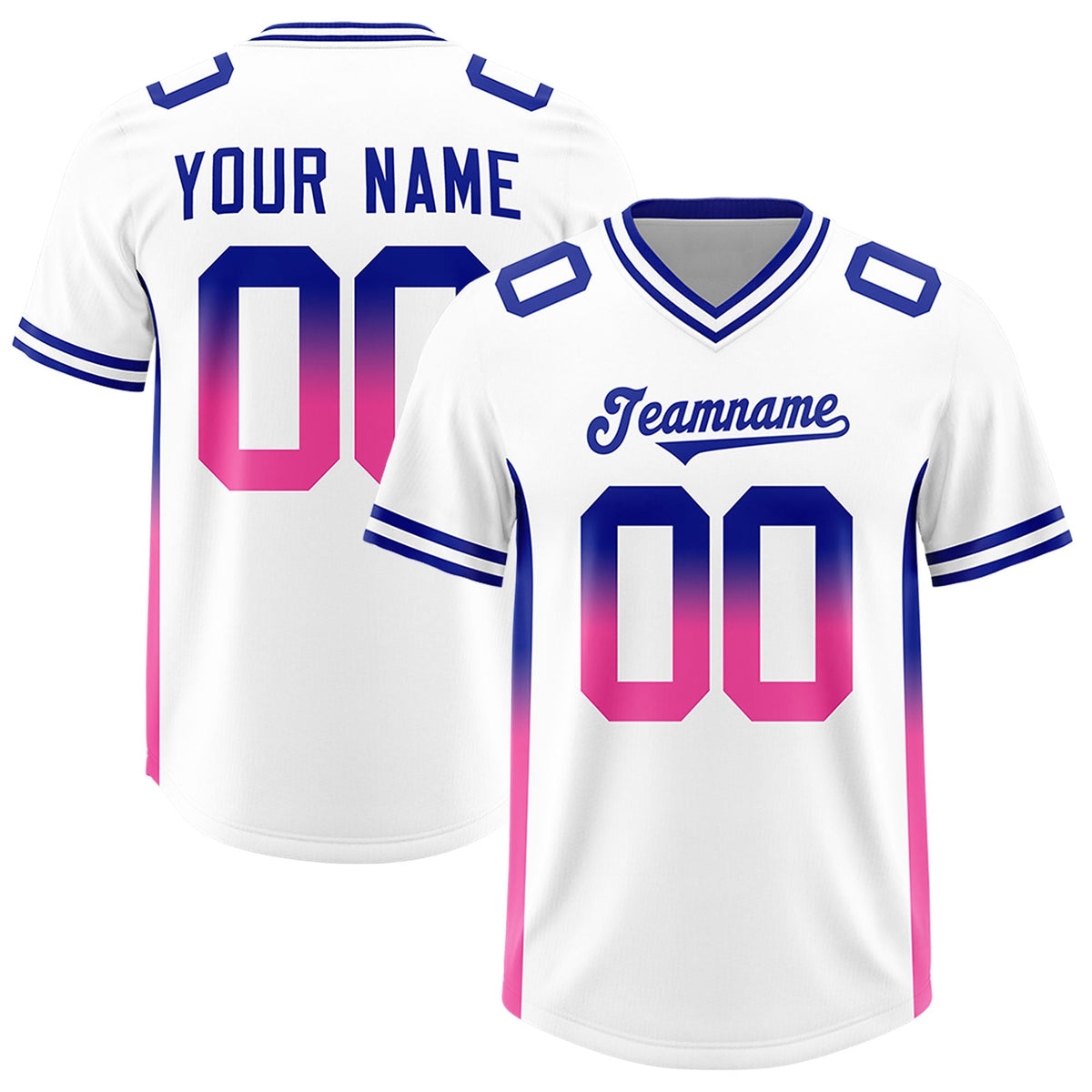 Custom White Royal and Pink Sides Gradient Fashion Personalized Team American Football Jersey