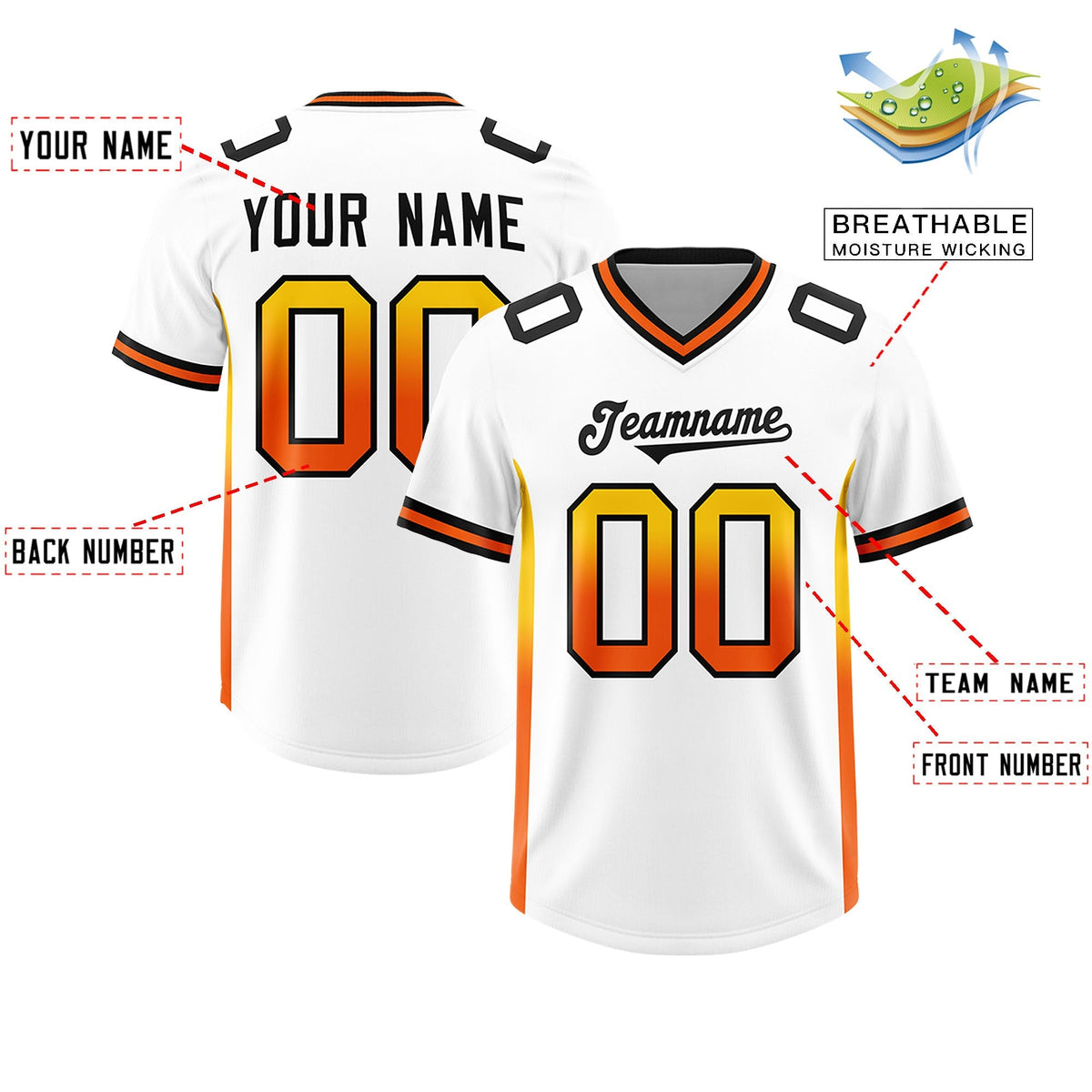 Custom White Gold Sides Gradient Fashion Personalized Team American Football Jersey