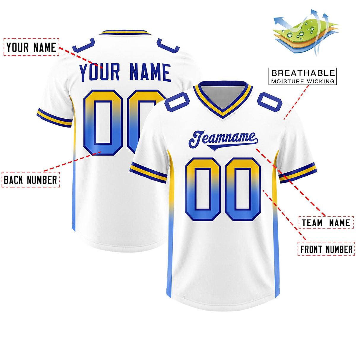 Custom White Gold Sides Gradient Fashion Personalized Team American Football Jersey