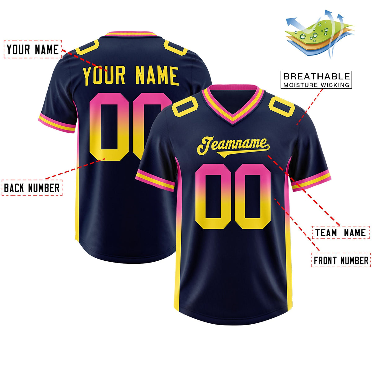 Custom Navy Pink and Gold Sides Gradient Fashion Personalized Team American Football Jersey
