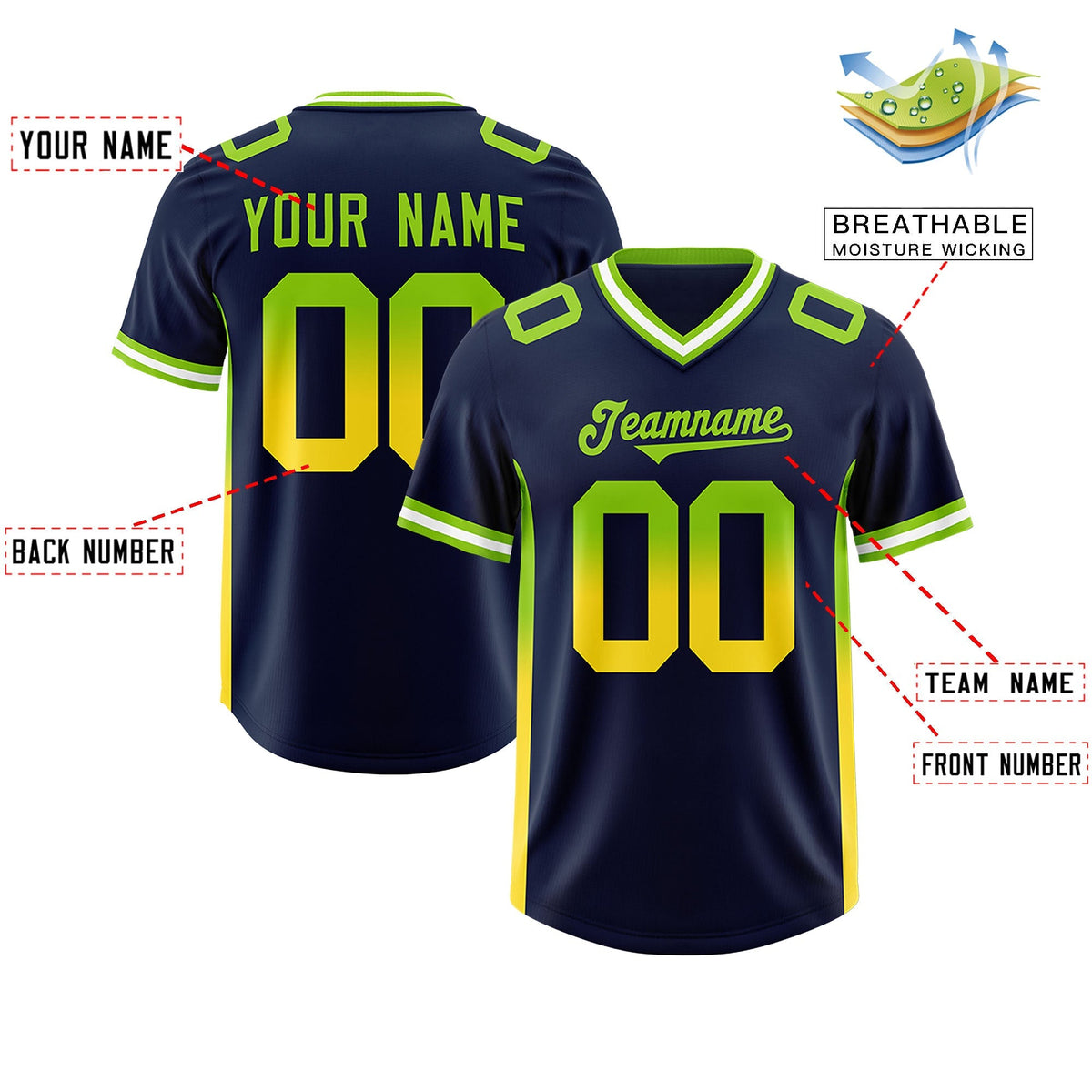 Custom Navy Neon Green and Gold Sides Gradient Fashion Personalized Team American Football Jersey