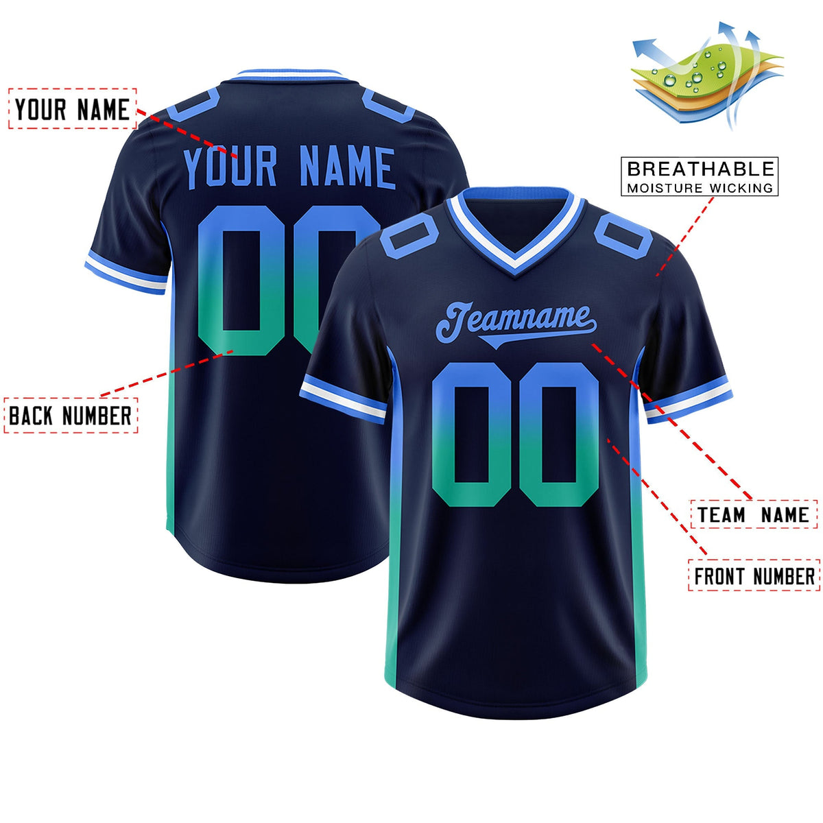 Custom Navy Powder Blue and Bright Green Sides Gradient Fashion Personalized Team American Football Jersey