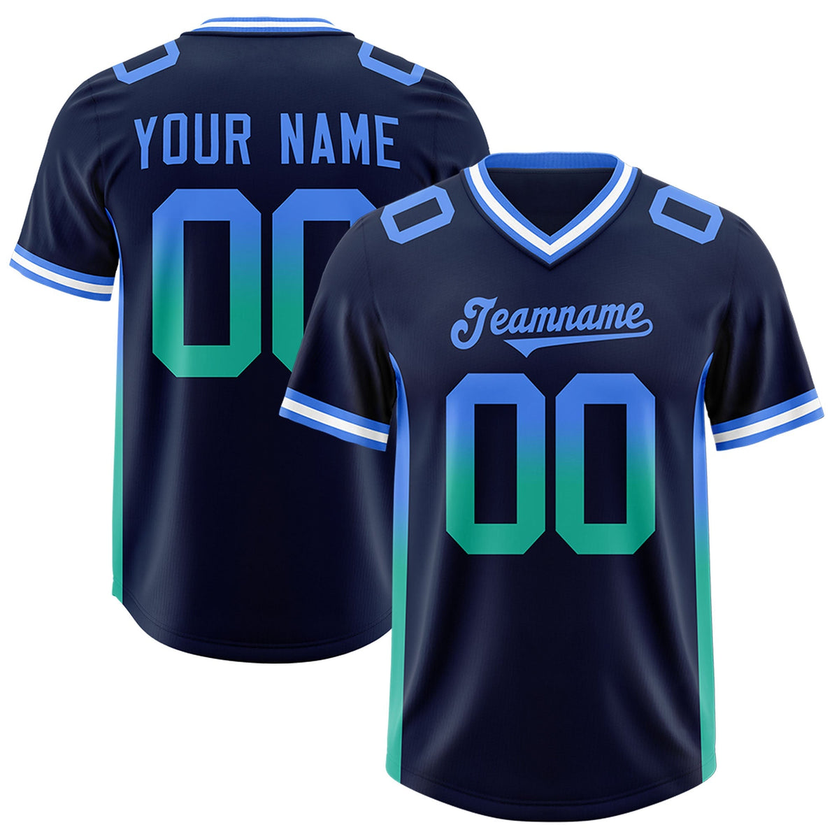 Custom Navy Powder Blue and Bright Green Sides Gradient Fashion Personalized Team American Football Jersey