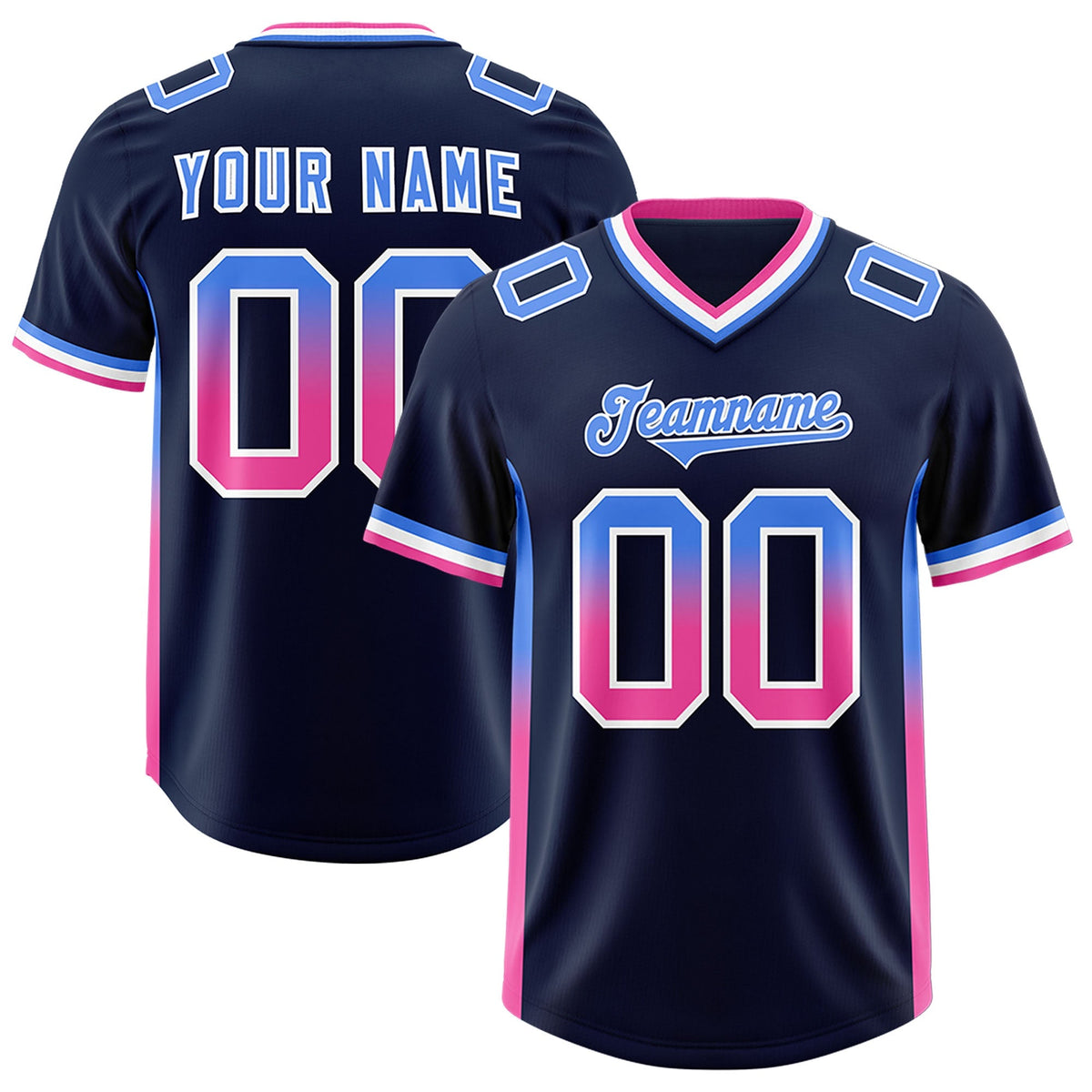 Custom Navy Powder Blue and Pink Sides Gradient Fashion Personalized Team American Football Jersey