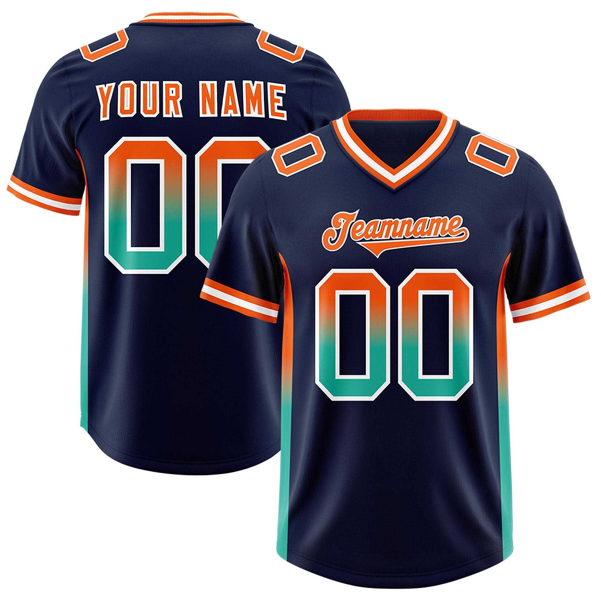 Custom Navy Orange and Bright Green Sides Gradient Fashion Personalized Team American Football Jersey