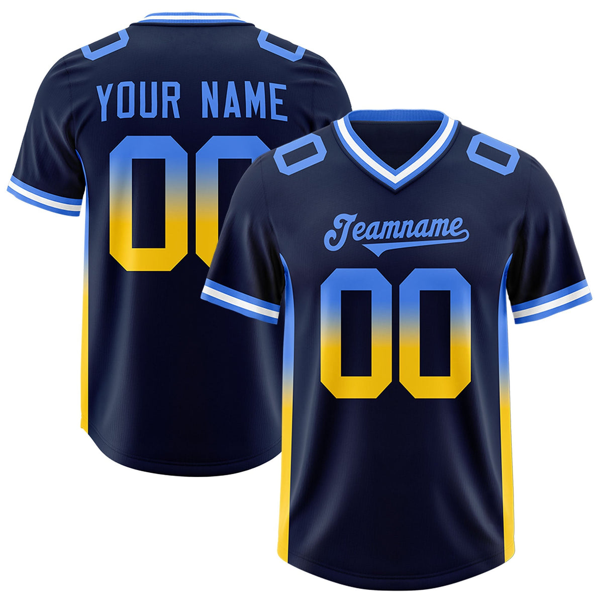 Custom Navy Powder Blue and Gold Sides Gradient Fashion Personalized Team American Football Jersey