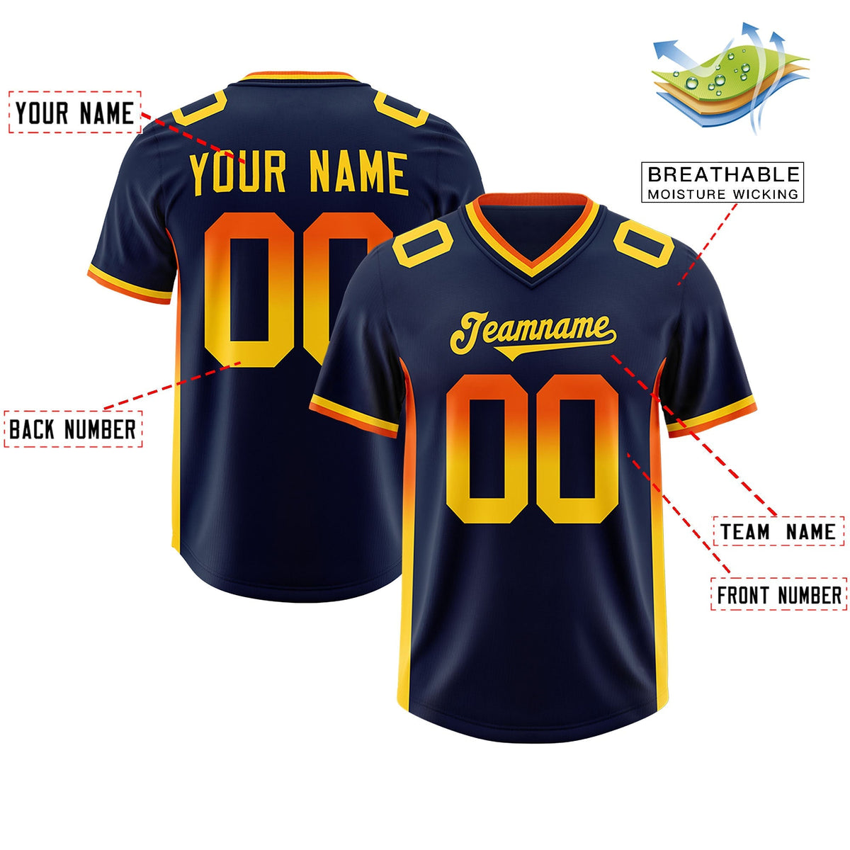 Custom Navy Orange and Gold Sides Gradient Fashion Personalized Team American Football Jersey