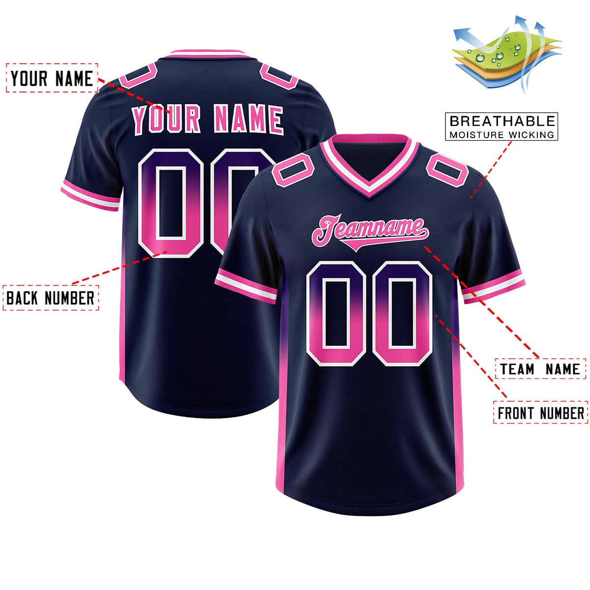 Custom Navy Purple and Pink Sides Gradient Fashion Personalized Team American Football Jersey