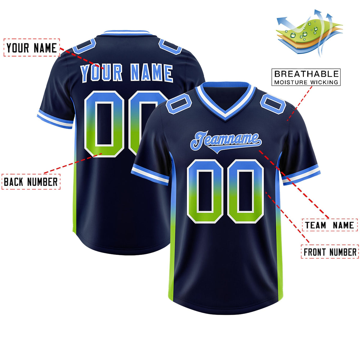 Custom Navy Powder Blue and Neon Green Sides Gradient Fashion Personalized Team American Football Jersey