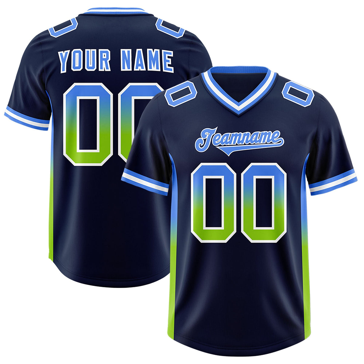 Custom Navy Powder Blue and Neon Green Sides Gradient Fashion Personalized Team American Football Jersey