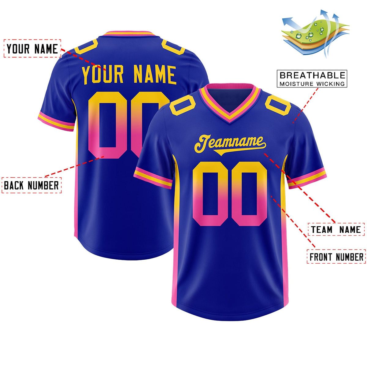 Custom Royal Gold Sides Gradient Fashion Personalized Team American Football Jersey
