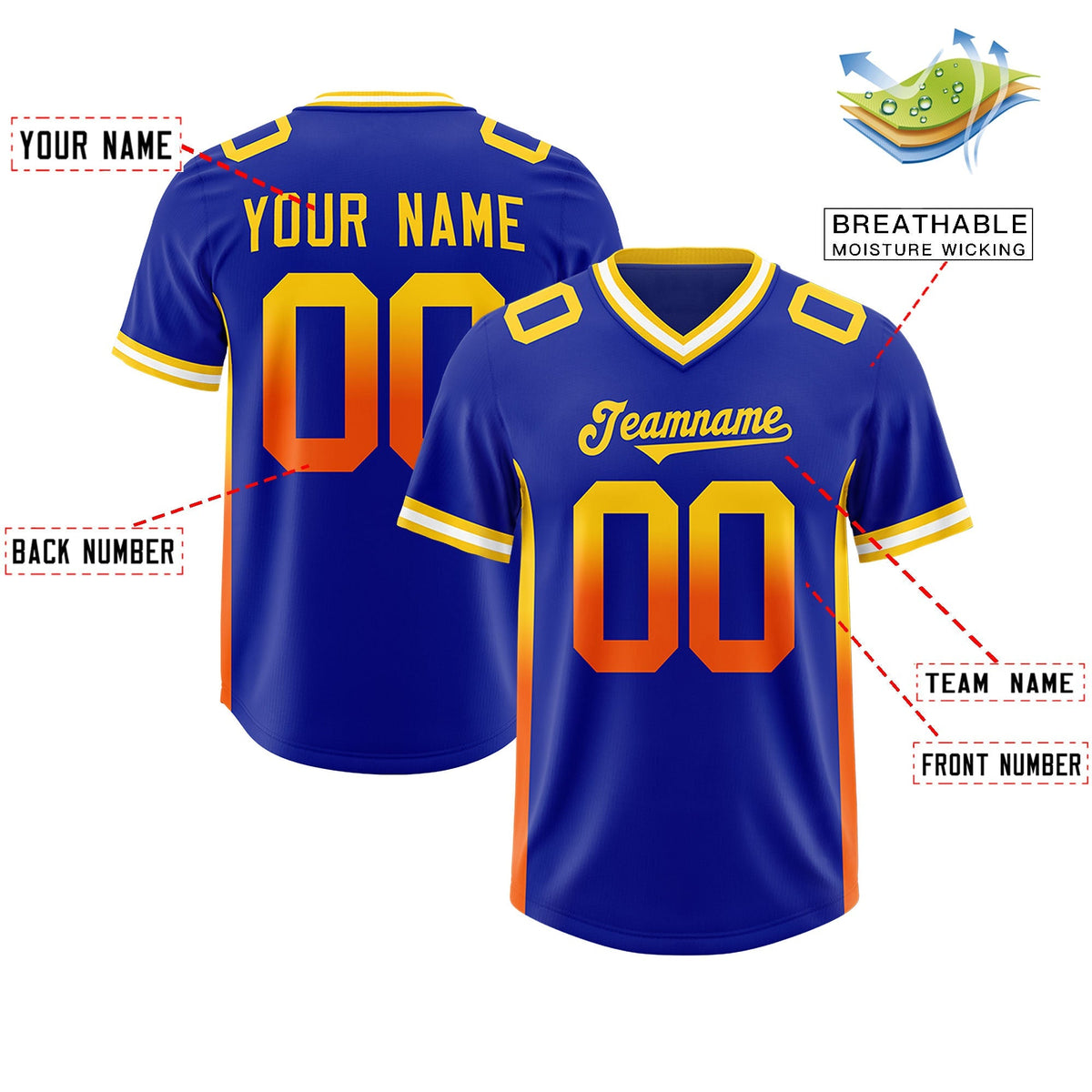 Custom Royal Gold Sides Gradient Fashion Personalized Team American Football Jersey