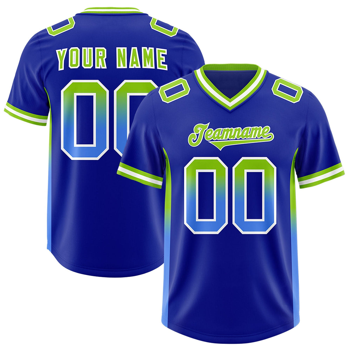 Custom Royal Neon Green and Powder Blue Sides Gradient Fashion Personalized Team American Football Jersey