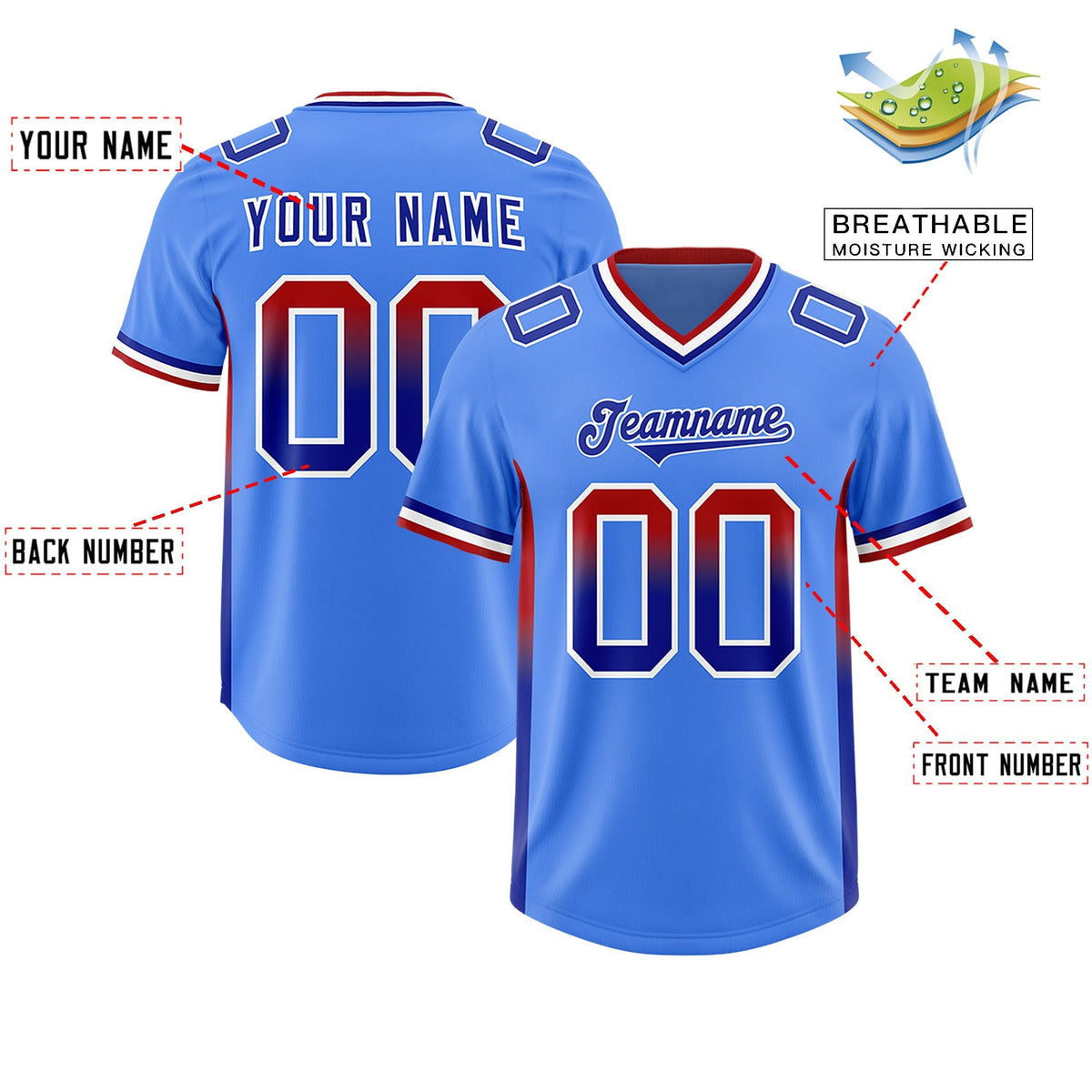 Custom Powder Blue Red and Royal Sides Gradient Fashion Personalized Team American Football Jersey