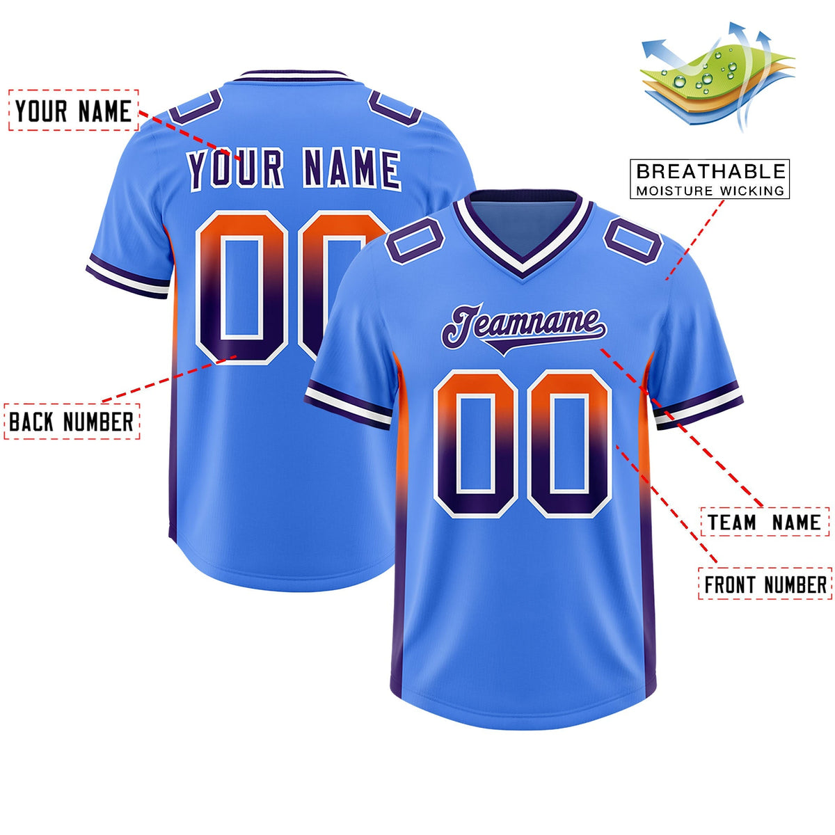 Custom Powder Blue Orange and Purple Sides Gradient Fashion Personalized Team American Football Jersey