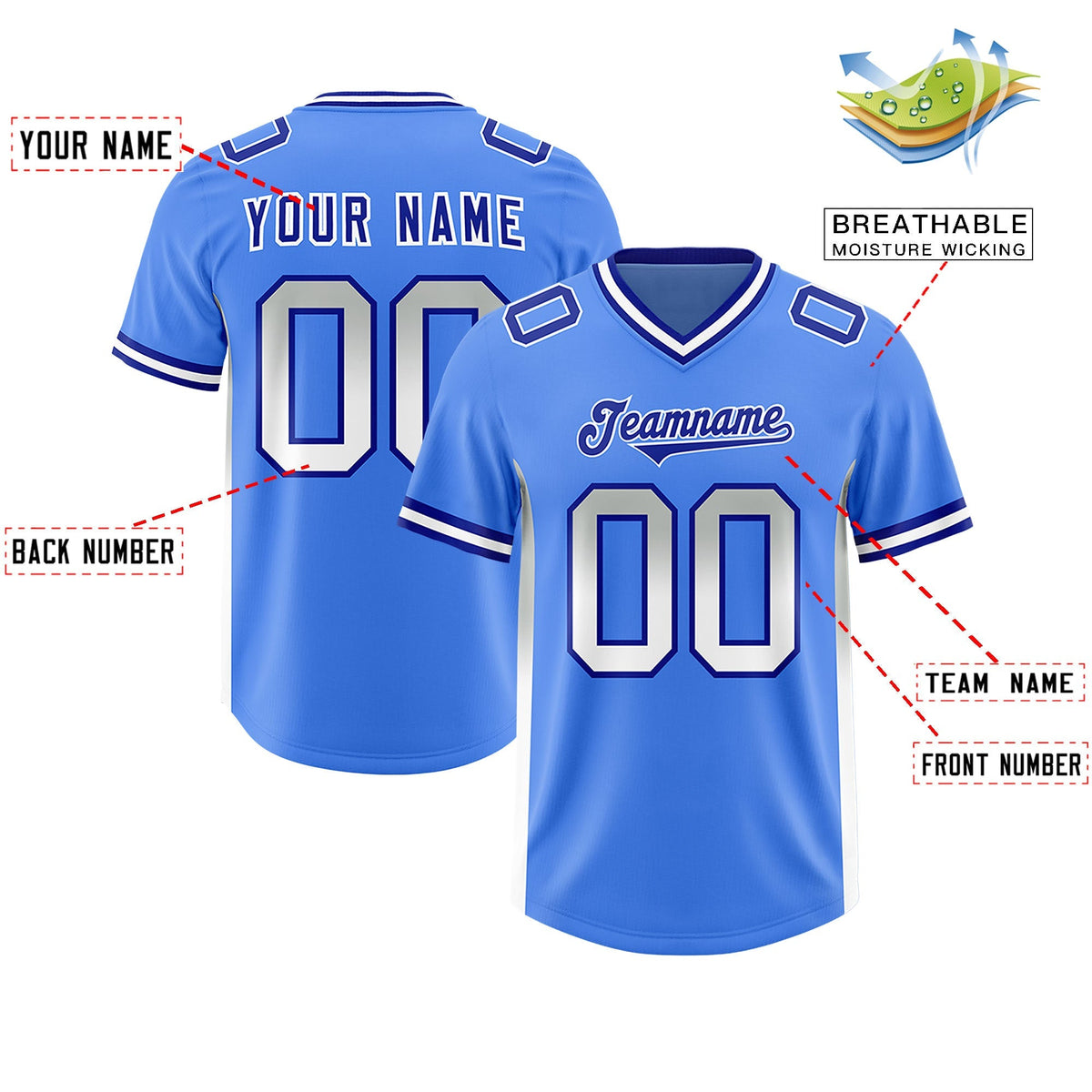 Custom Powder Blue Gray and White Sides Gradient Fashion Personalized Team American Football Jersey