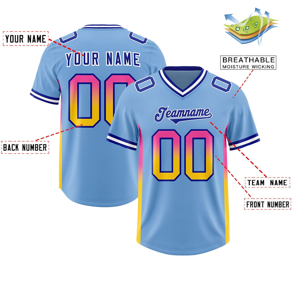 Custom Powder Blue Pink and Gold Sides Gradient Fashion Personalized Team American Football Jersey