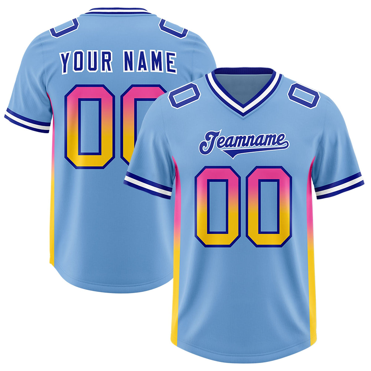 Custom Powder Blue Pink and Gold Sides Gradient Fashion Personalized Team American Football Jersey