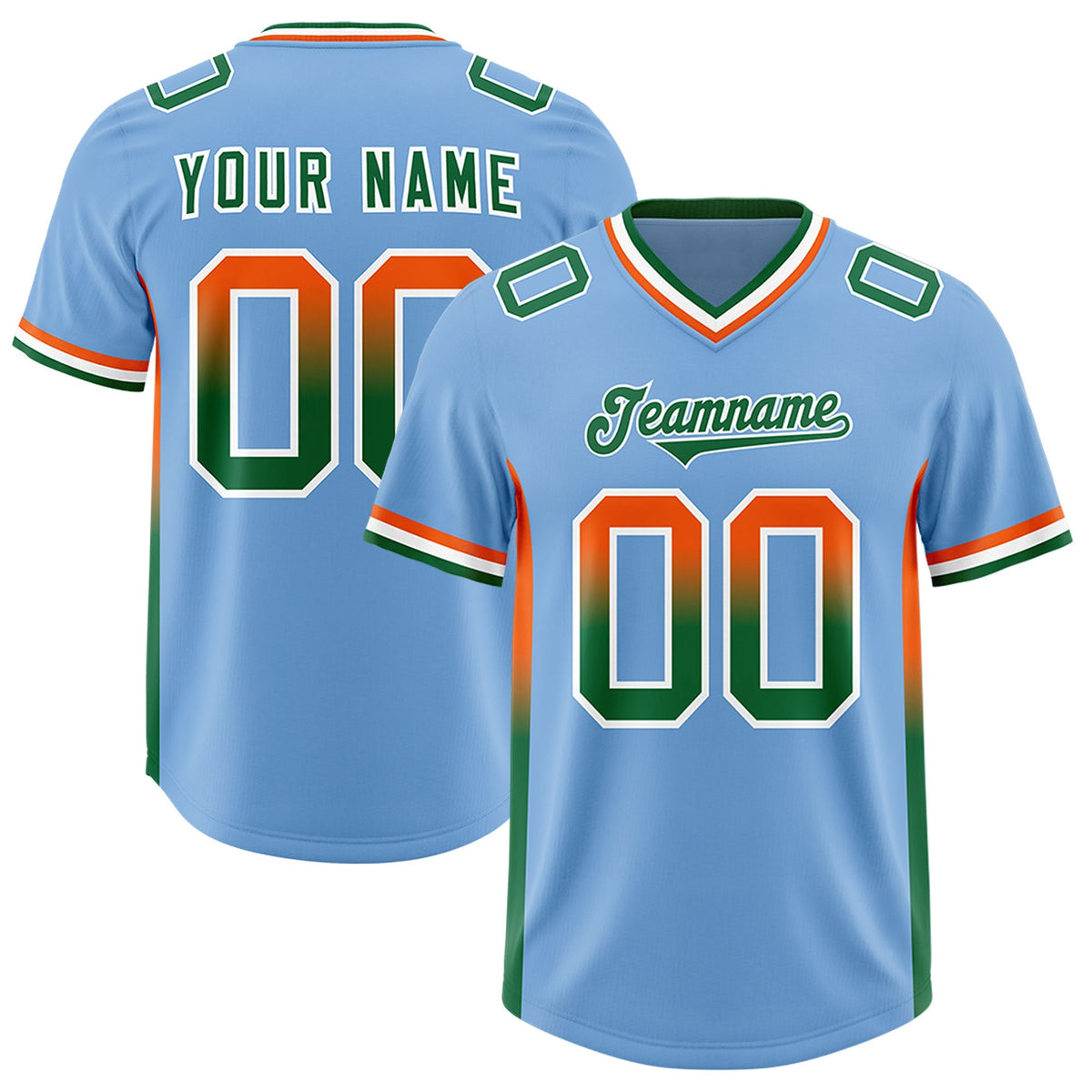 Custom Powder Blue Orange and Kelly Green Sides Gradient Fashion Personalized Team American Football Jersey
