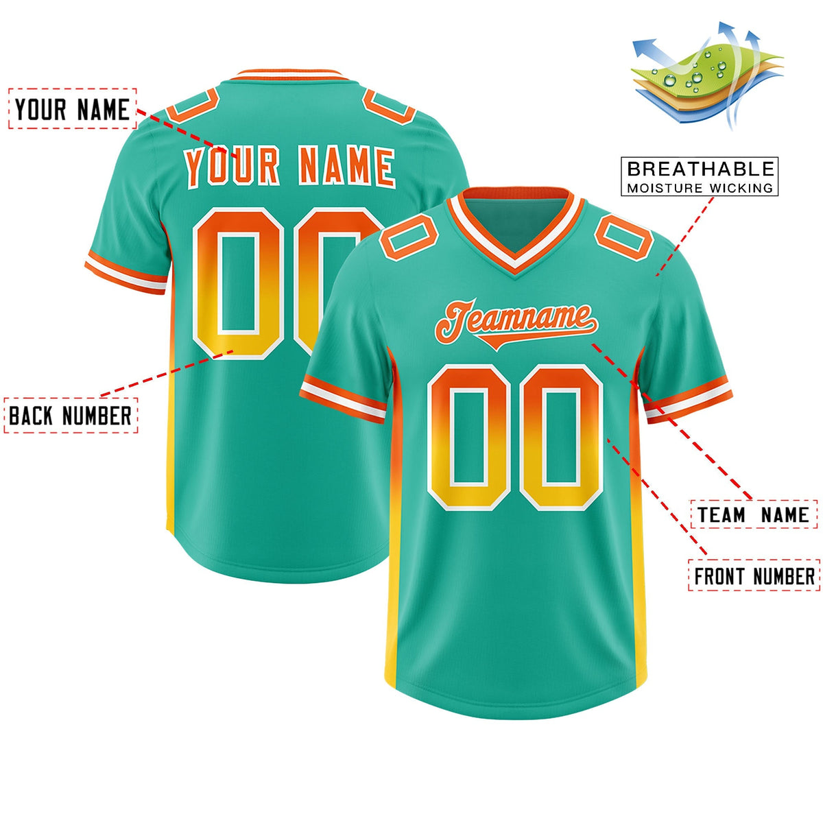Custom Bright Green Orange and Gold Sides Gradient Fashion Personalized Team American Football Jersey