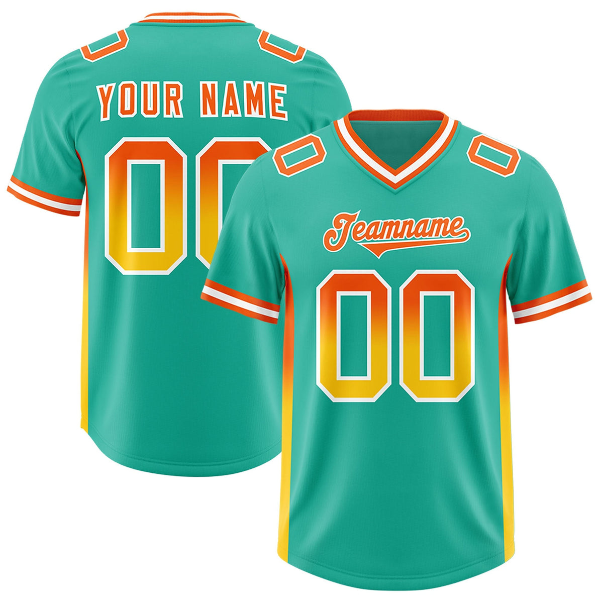 Custom Bright Green Orange and Gold Sides Gradient Fashion Personalized Team American Football Jersey
