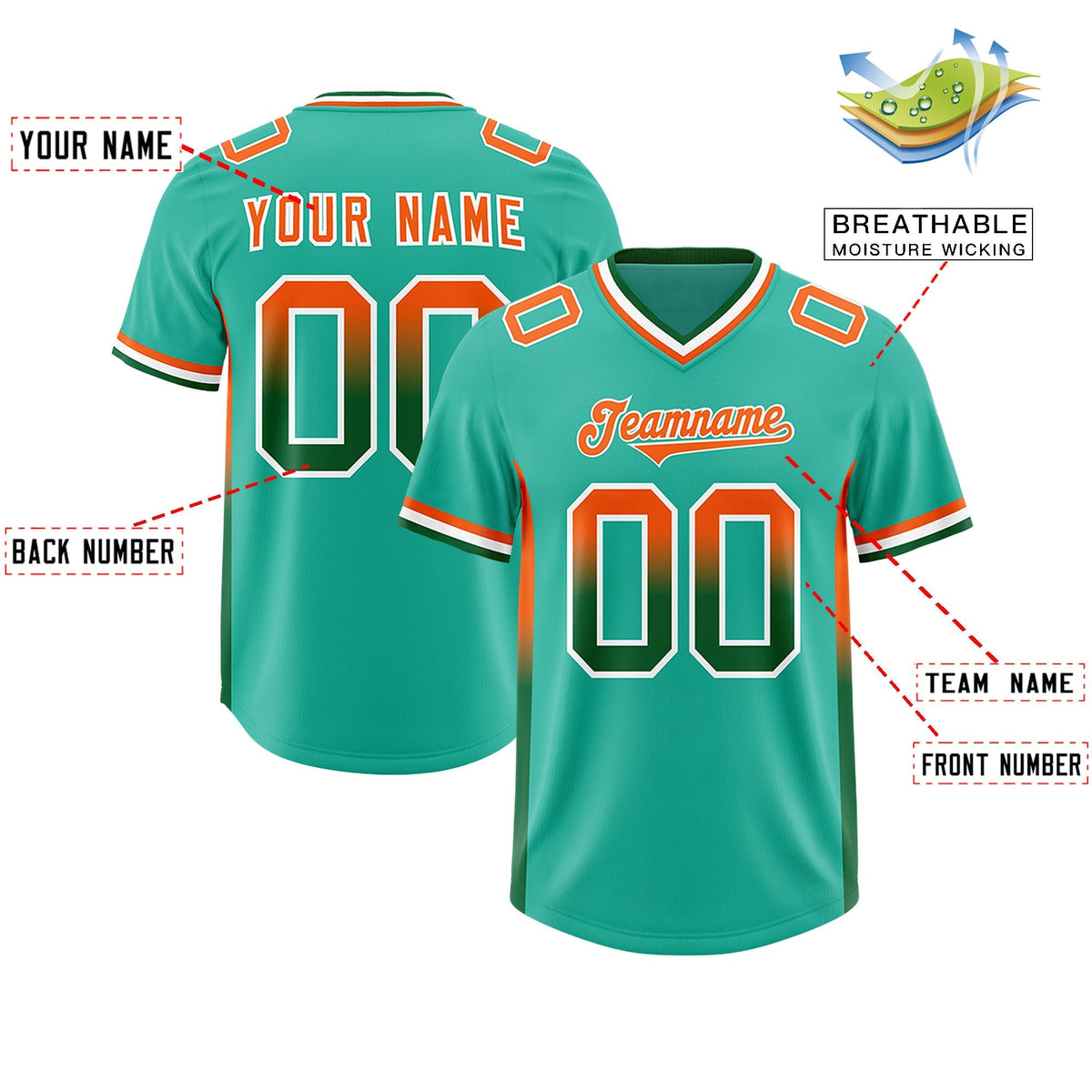 Custom Bright Green Orange and Kelly Green Sides Gradient Fashion Personalized Team American Football Jersey