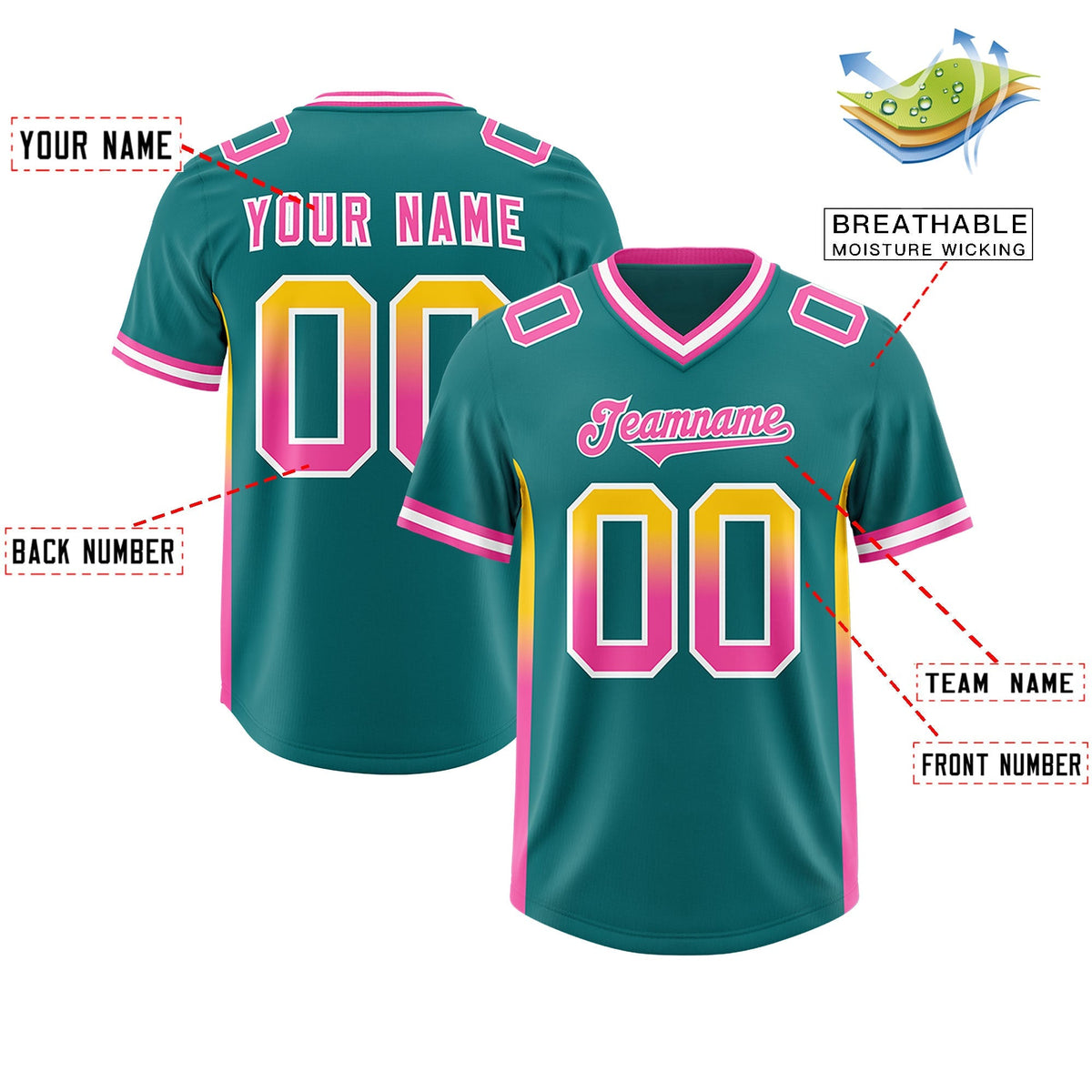 Custom Aqua Gold Sides Gradient Fashion Personalized Team American Football Jersey