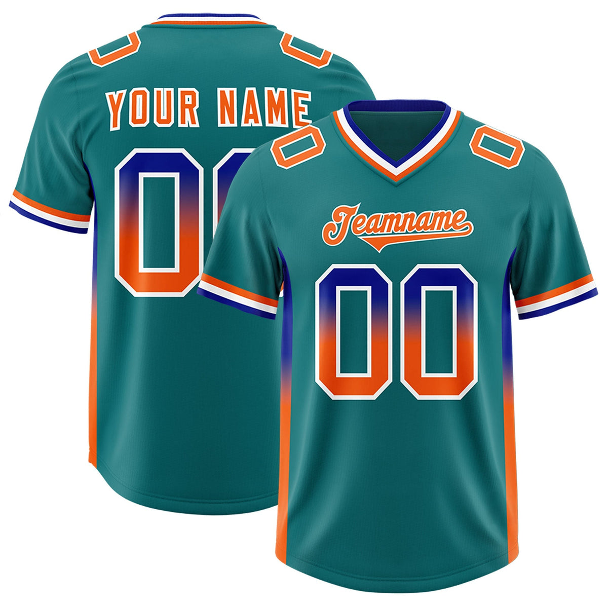 Custom Aqua Royal and Orange Sides Gradient Fashion Personalized Team American Football Jersey