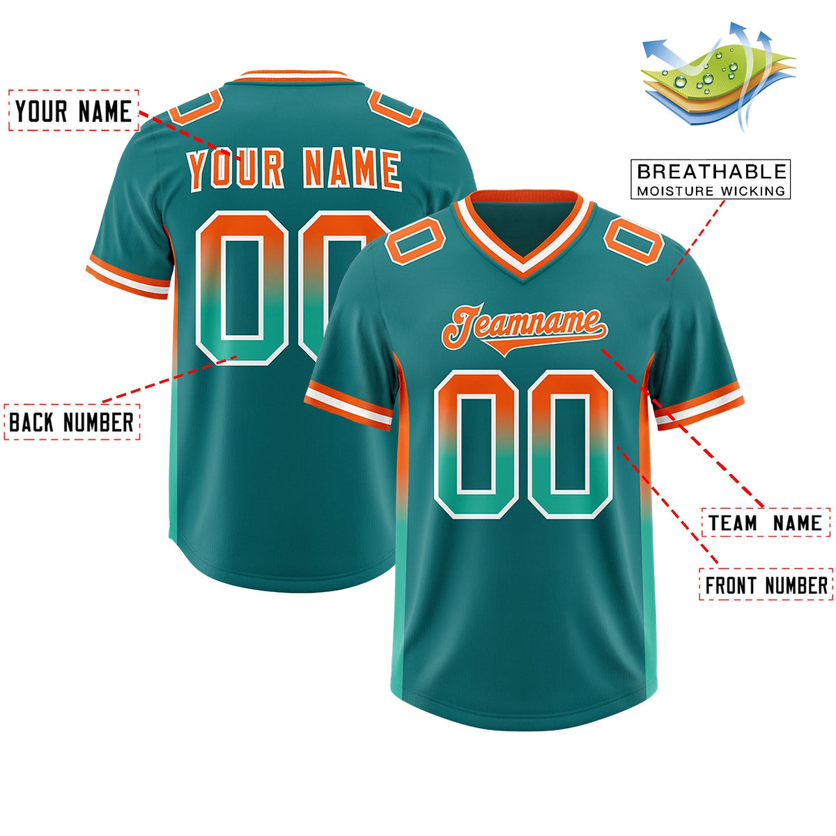 Custom Aqua Orange and Bright Green Sides Gradient Fashion Personalized Team American Football Jersey
