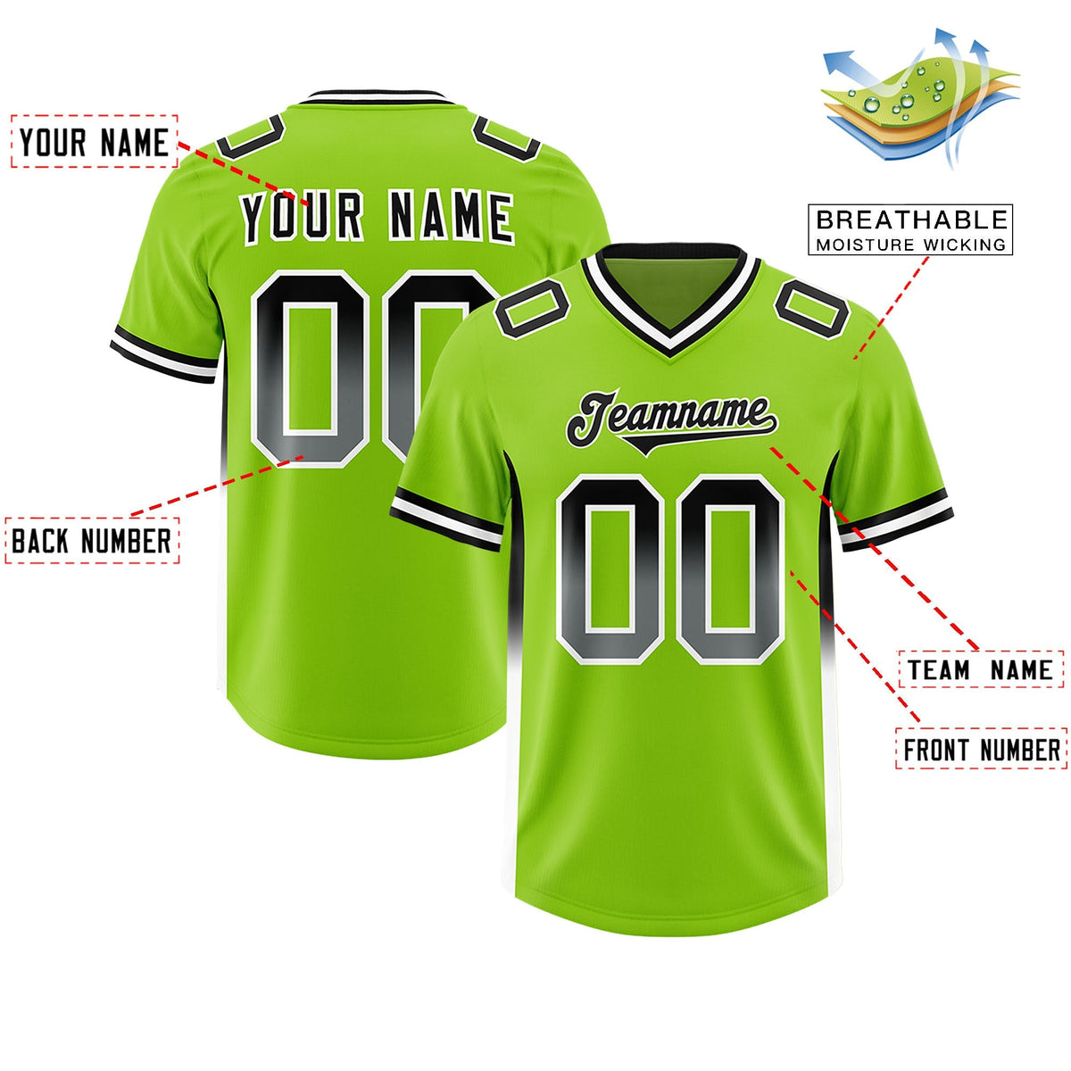 Custom Neon Green Black and White Sides Gradient Fashion Personalized Team American Football Jersey