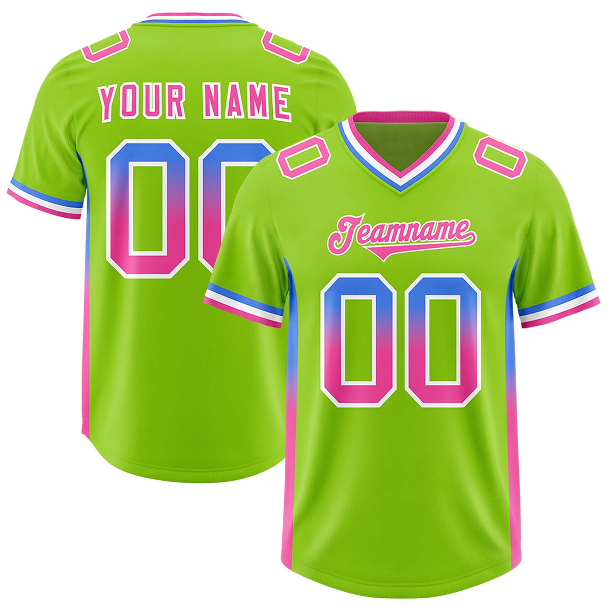 Custom Neon Green Powder Blue and Pink Sides Gradient Fashion Personalized Team American Football Jersey