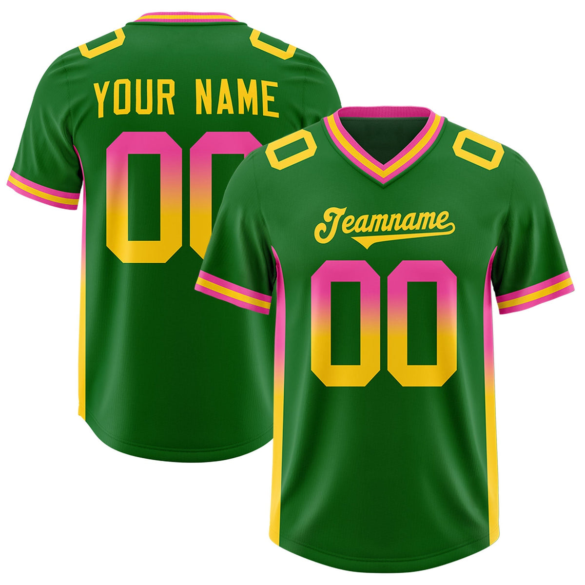 Custom Kelly Green Pink and Gold Sides Gradient Fashion Personalized Team American Football Jersey