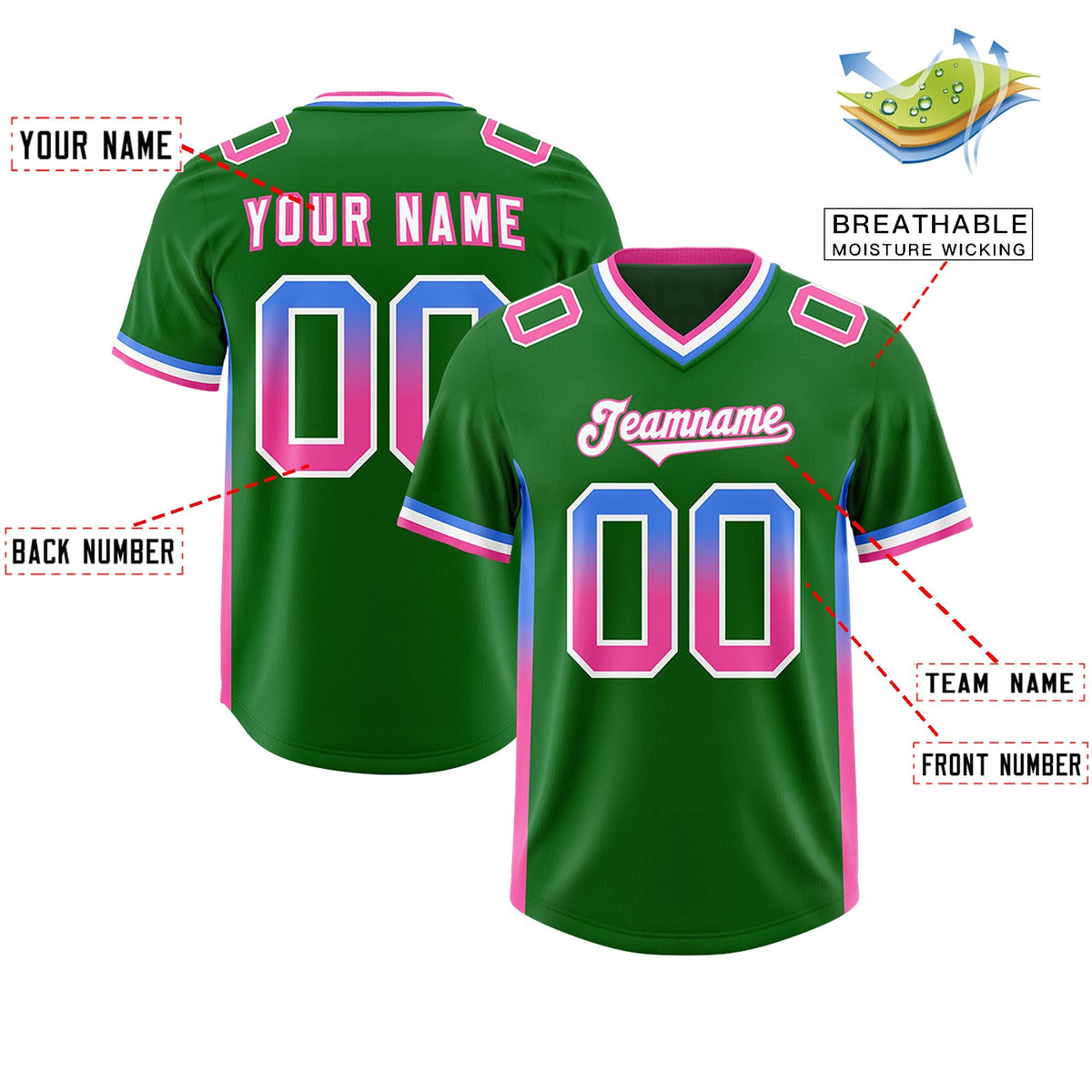 Custom Kelly Green Powder Blue and Pink Sides Gradient Fashion Personalized Team American Football Jersey