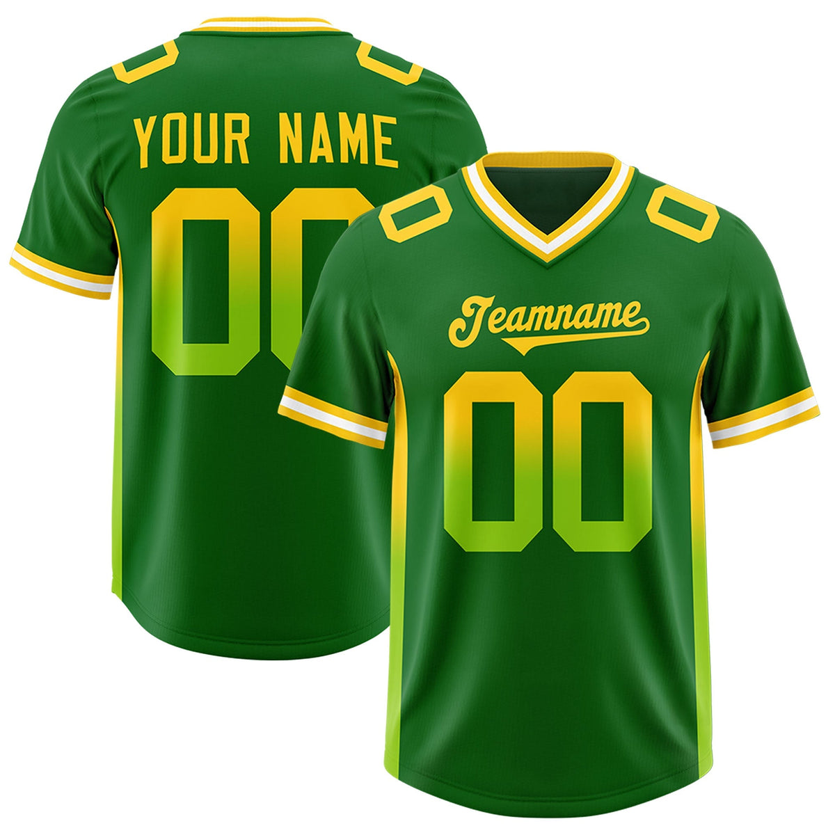 Custom Kelly Green Gold Sides Gradient Fashion Personalized Team American Football Jersey